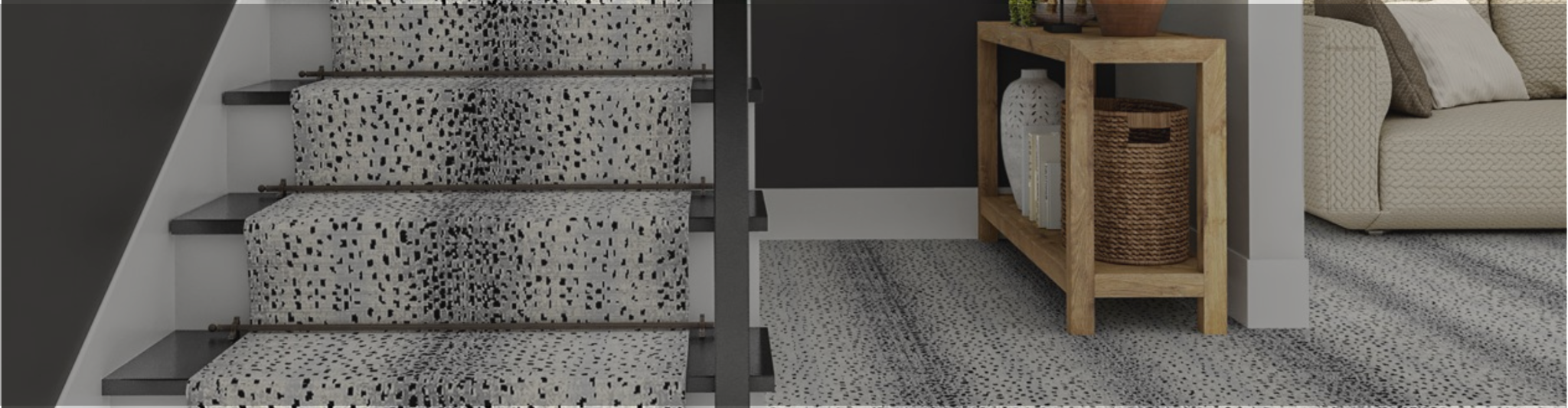 Black and white animal printed stair runner in an entry way