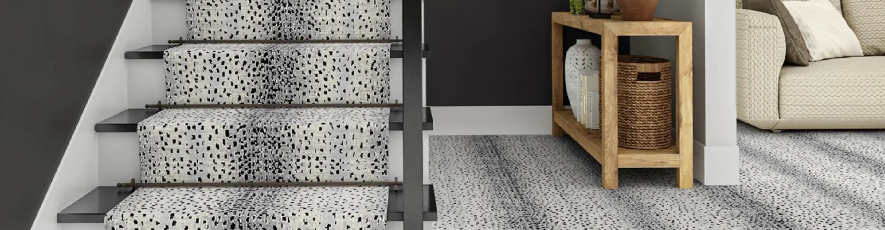 Black and white animal printed stair runner in an entry way